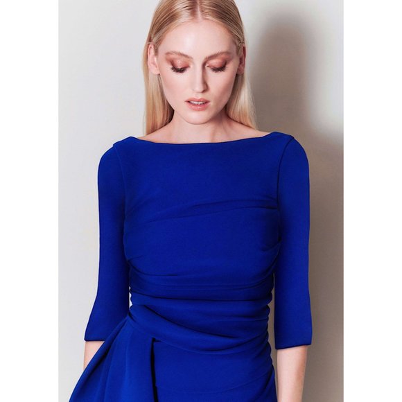 Talbot Runhof Bouvier 2 Crepe Waist Tie Ruched Draped Dress Gown Blue 6 - Picture 3 of 15